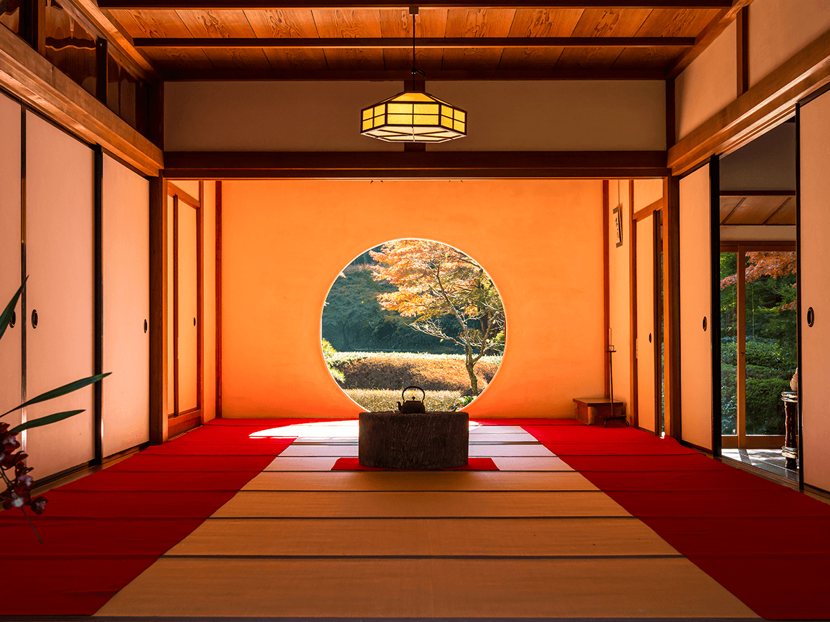 a view of the tearoom at meigetsuin temple in Kamakura