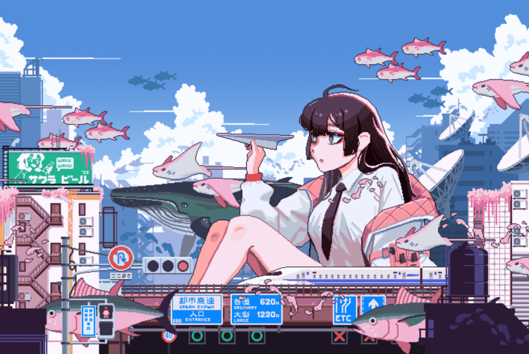 Pixel art character of a girl with aesthetic in a video game on Craiyon