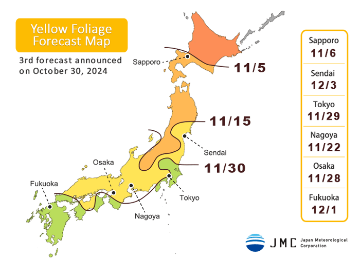 japan yellow leaves fall foliage map